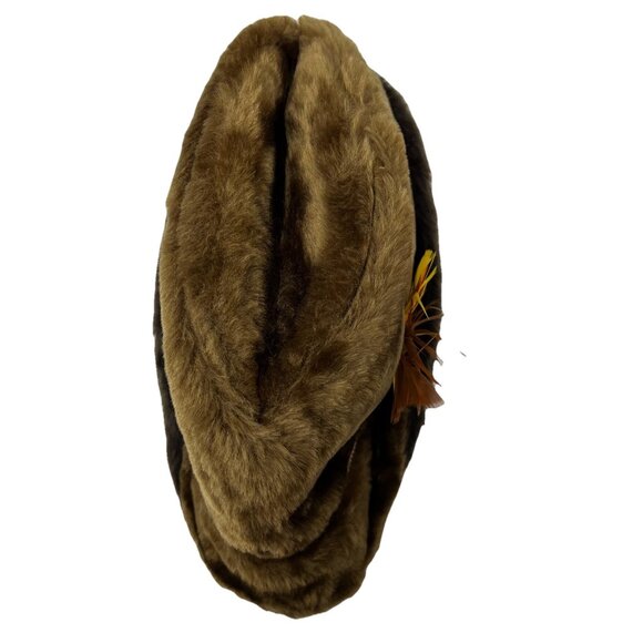 Faux Fur Vintage Fedora Alpine Hat Cap Ear Flaps Feather Brown Retro Made in USA - Picture 6 of 10